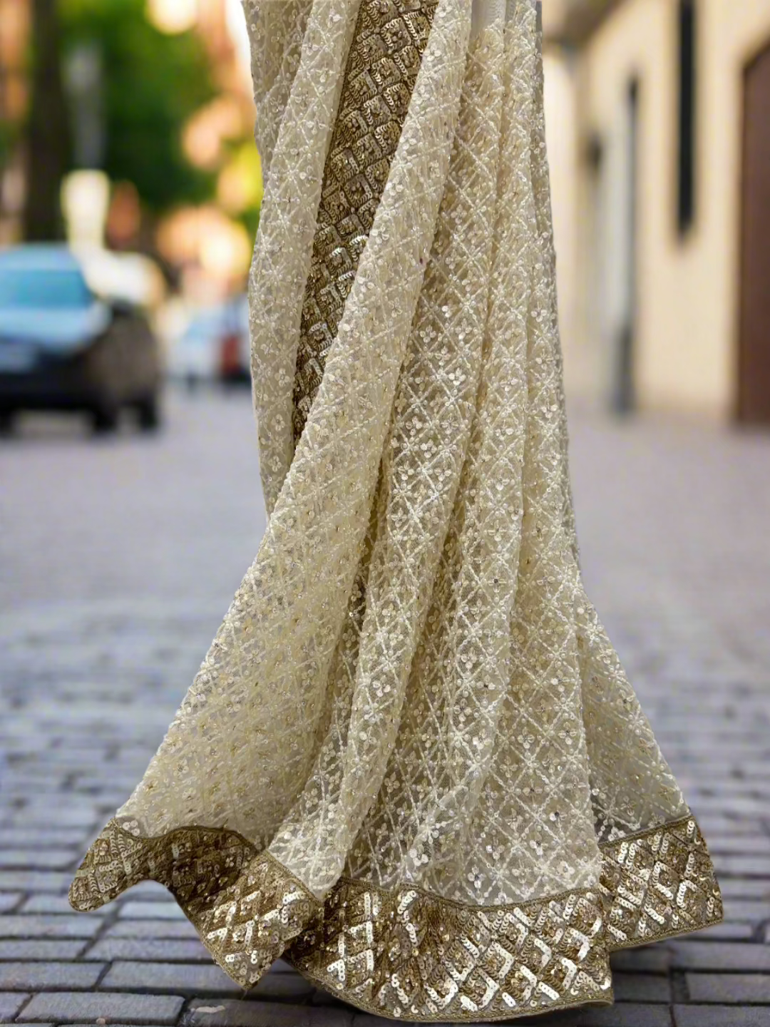Ivory and Gold Embroidered Readymade Saree