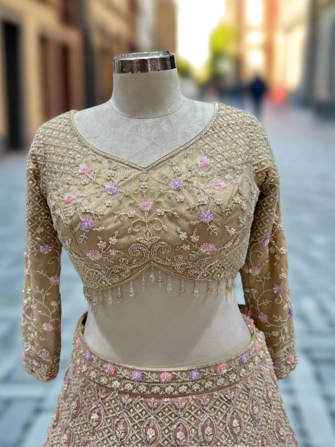 Soft Gold Embroidered Net Lehenga