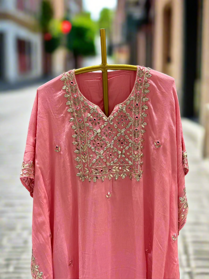 Peach Embroidered Kaftan Set