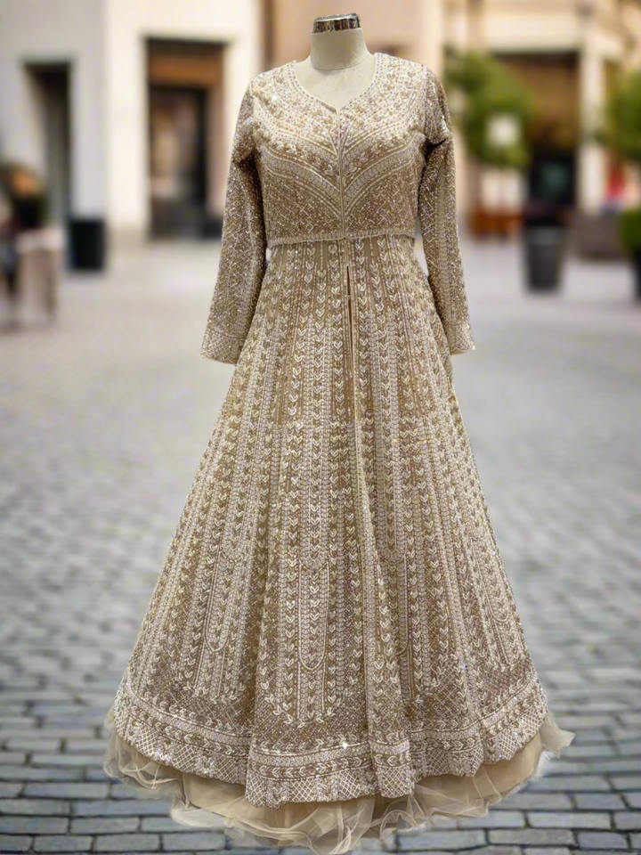 Champagne Gold Embroidered Net Lehenga