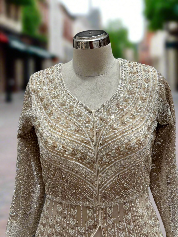 Champagne Gold Embroidered Net Lehenga