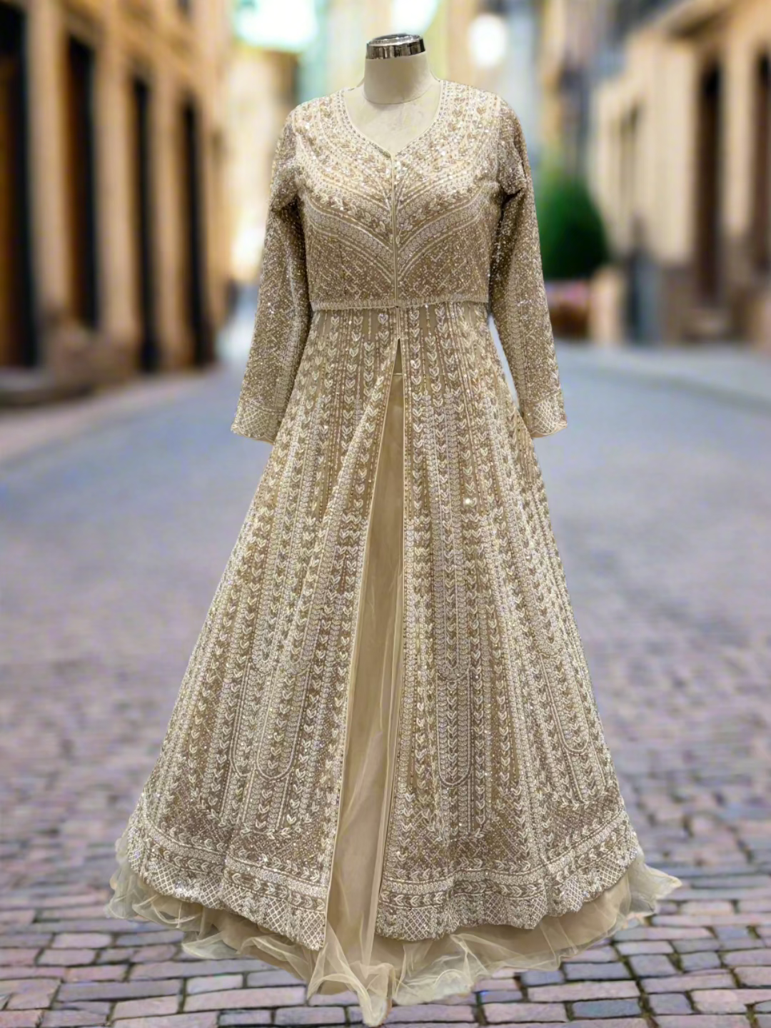 Champagne Gold Embroidered Net Lehenga