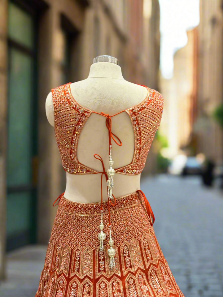 Terracotta Orange Embroidered Lehenga