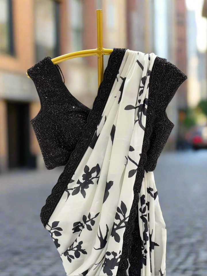 Black and White Silhouette Crepe Saree