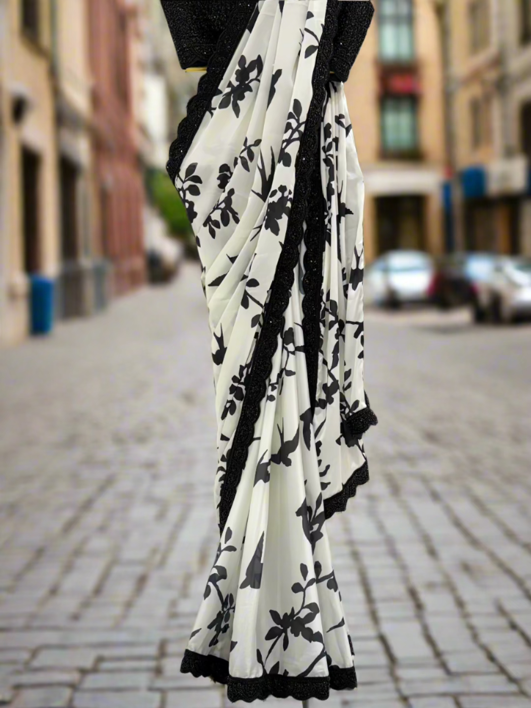 Black and White Silhouette Crepe Saree