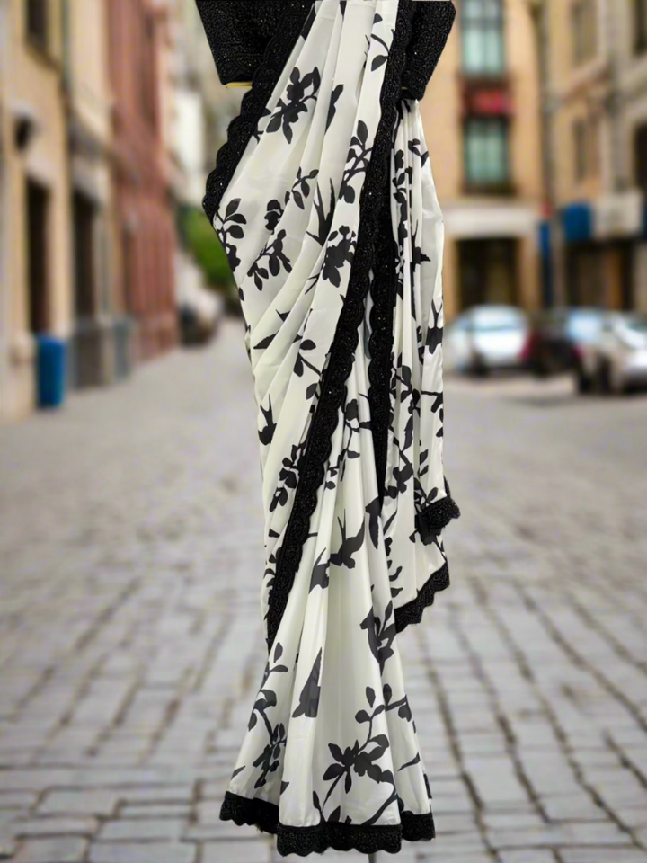 Black and White Silhouette Crepe Saree