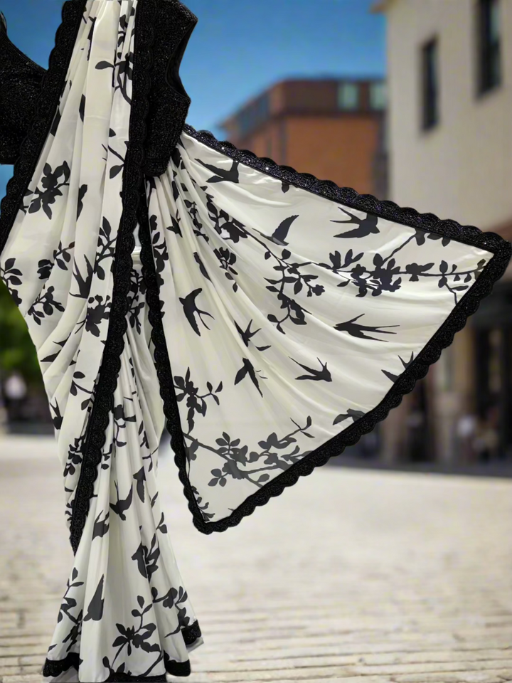 Black and White Silhouette Crepe Saree
