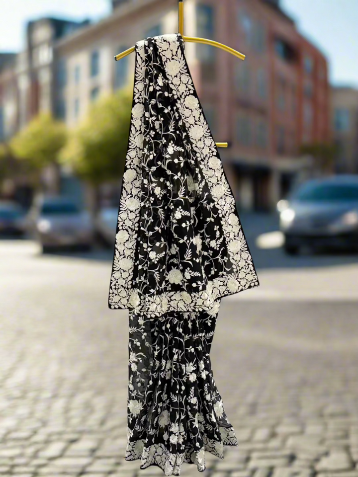 Black and Ivory Georgette Floral Embroidery Saree