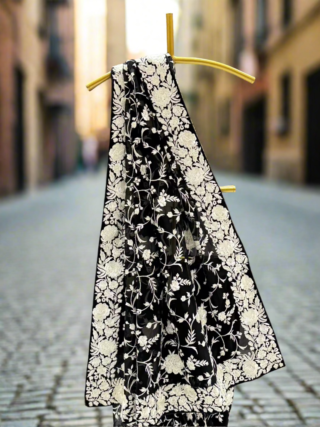 Black and Ivory Georgette Floral Embroidery Saree