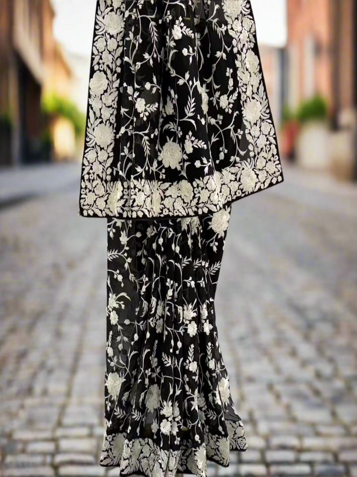 Black and Ivory Georgette Floral Embroidery Saree