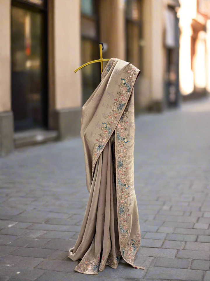 Beige Tissue Multicolor Peacock Embroidery Saree