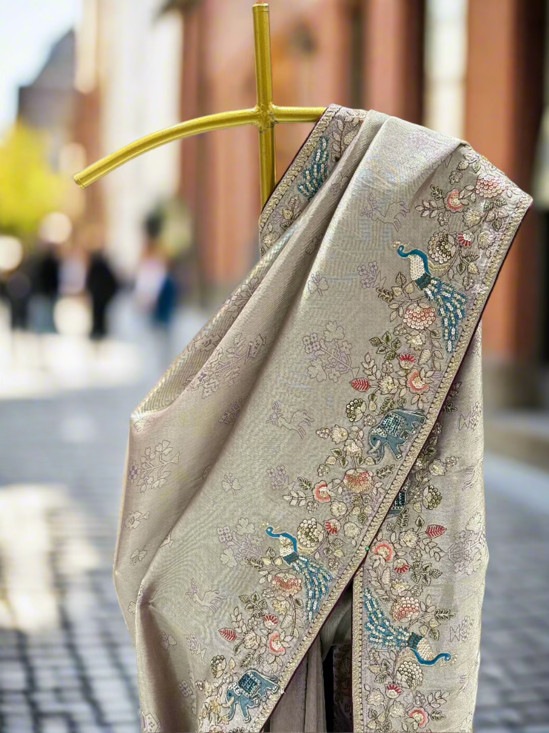 Beige Tissue Multicolor Peacock Embroidery Saree