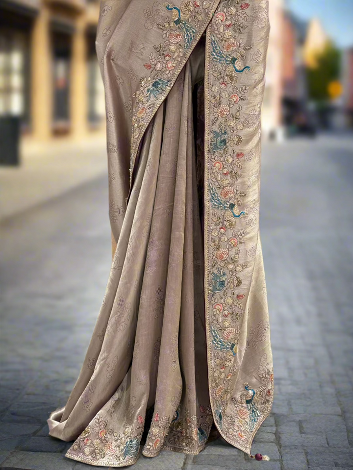 Beige Tissue Multicolor Peacock Embroidery Saree