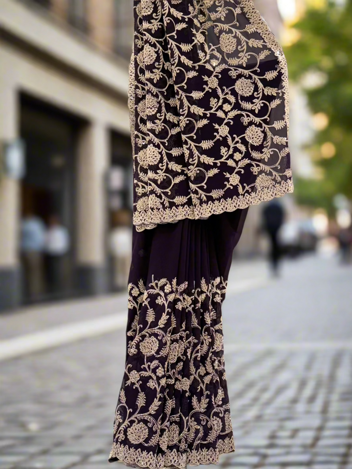 Deep Plum Embroidered Georgette Saree