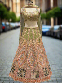 Embellished Olive Green Net Lehenga