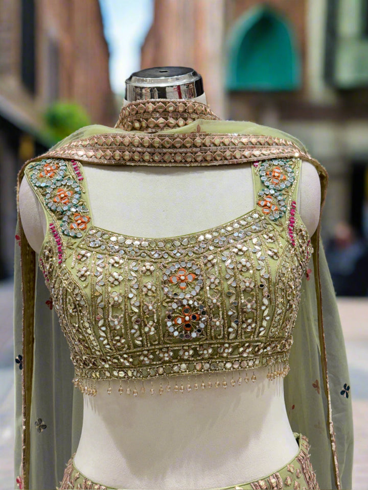 Embellished Olive Green Net Lehenga
