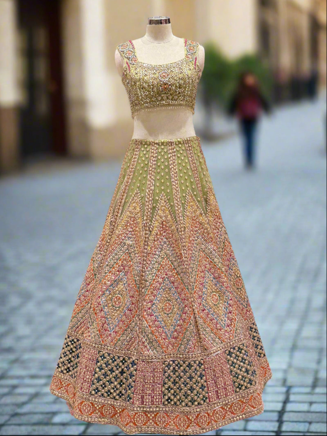Embellished Olive Green Net Lehenga