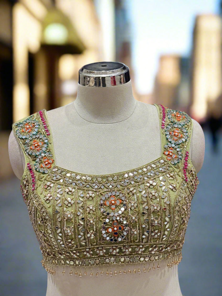 Embellished Olive Green Net Lehenga