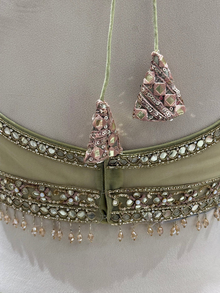 Embellished Olive Green Net Lehenga