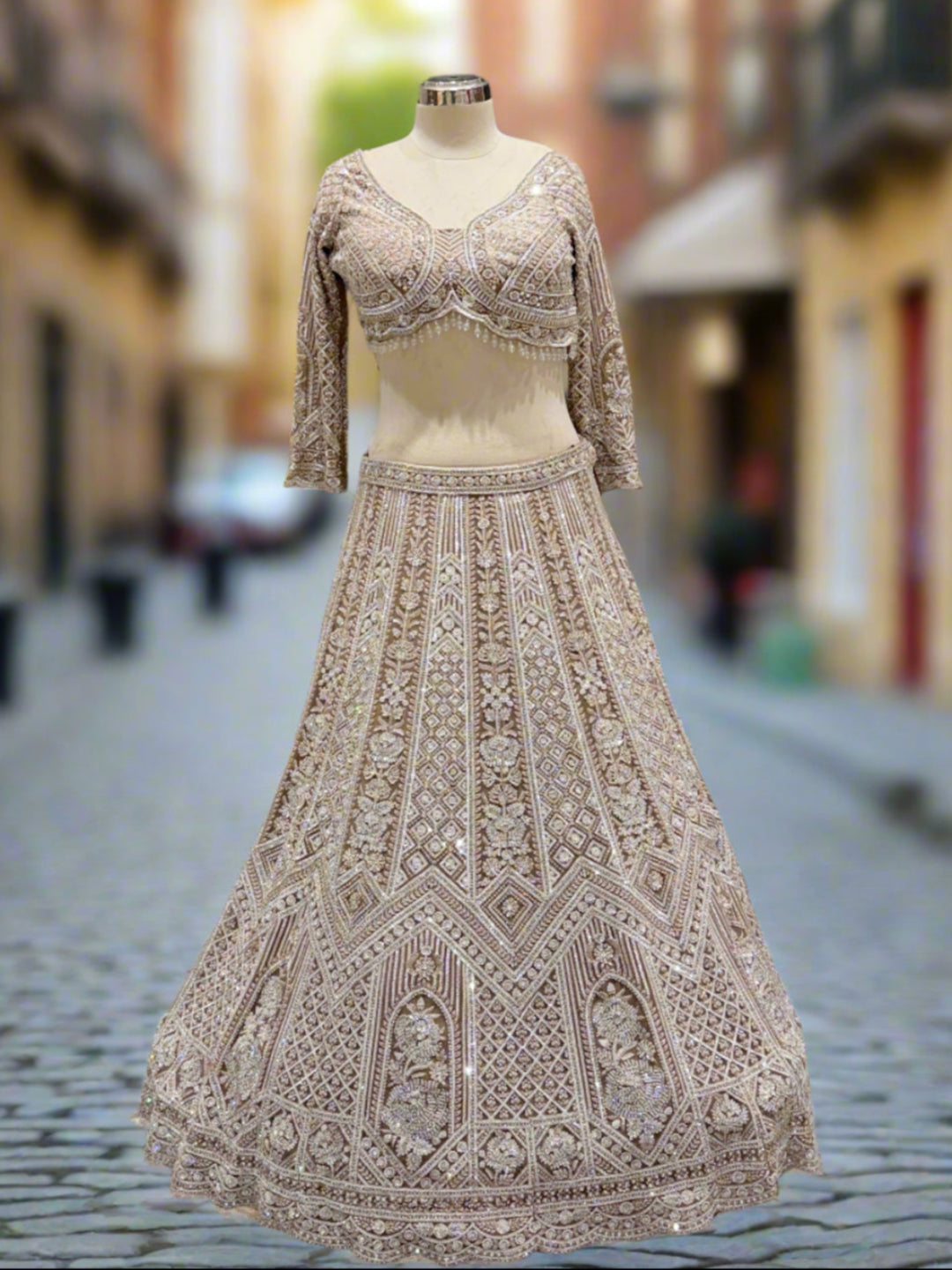 Exquisite Beige Embroidered Net Lehenga