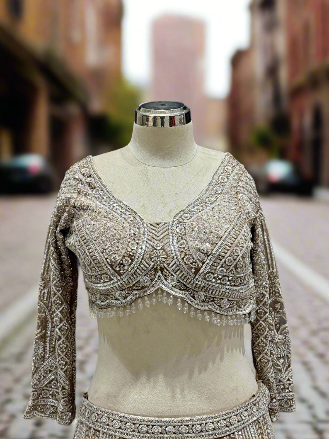 Exquisite Beige Embroidered Net Lehenga