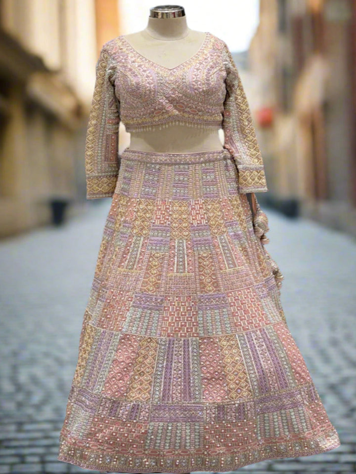 Pastel Multicolor Embroidered Net Lehenga