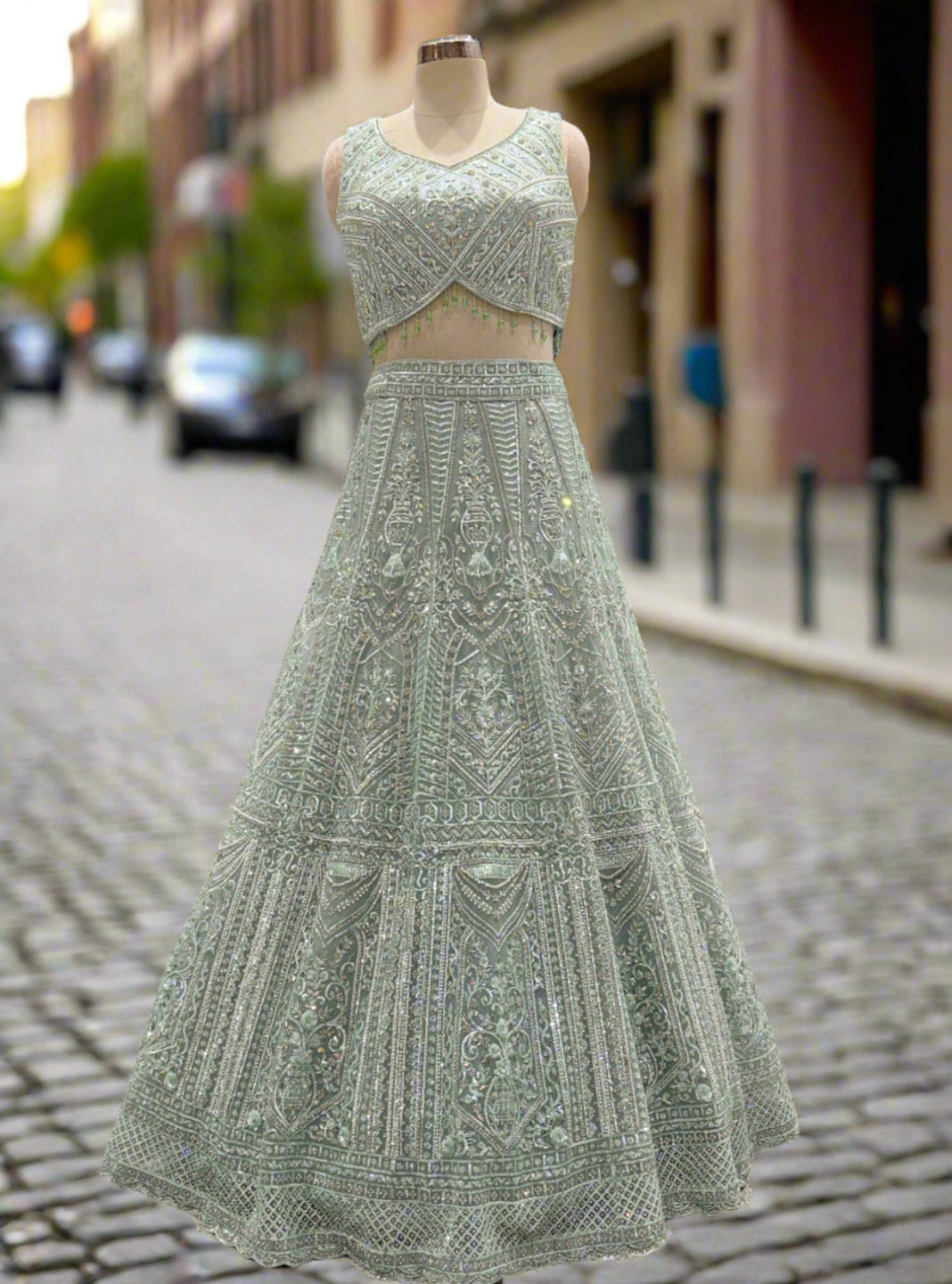 Elegant Pastel Green Net Lehenga