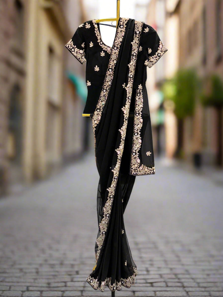 Elegant Black Embroidered Georgette Saree