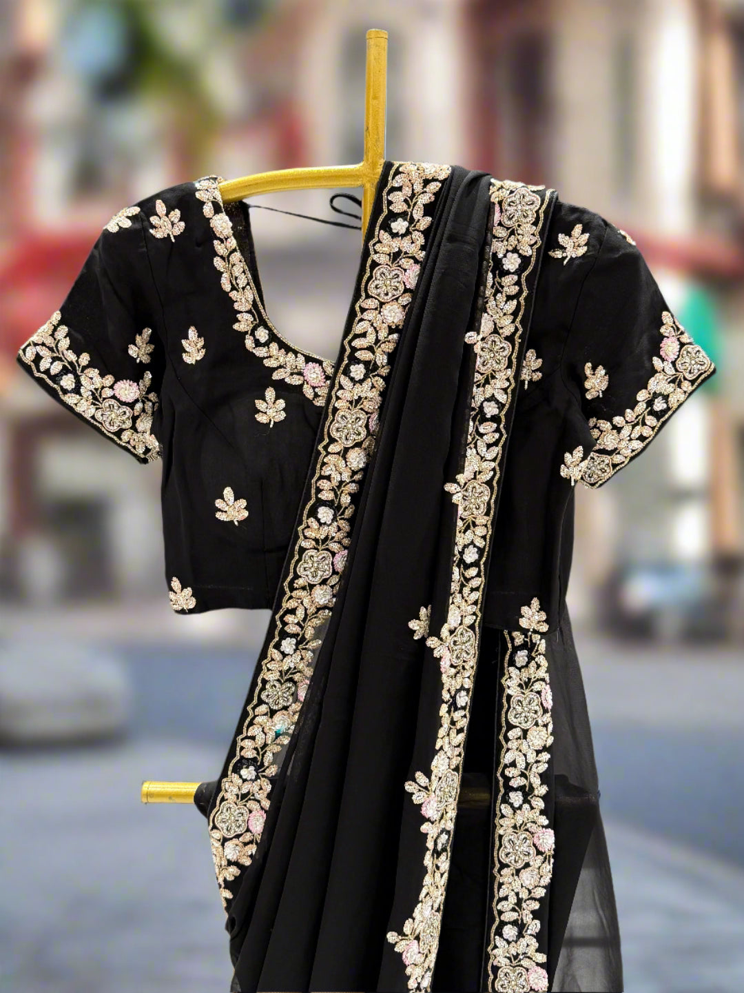 Elegant Black Embroidered Georgette Saree