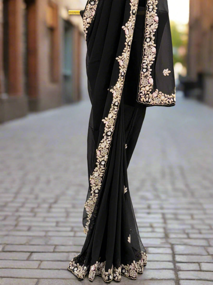 Elegant Black Embroidered Georgette Saree