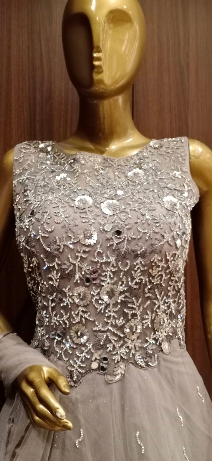 Grey Net Flared Gown with Floral Swarovski crystal  Work