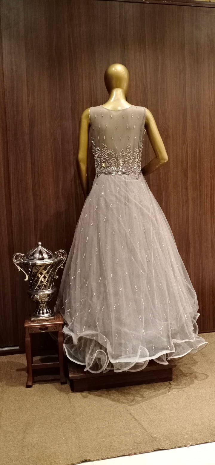 Grey Net Flared Gown with Floral Swarovski crystal  Work