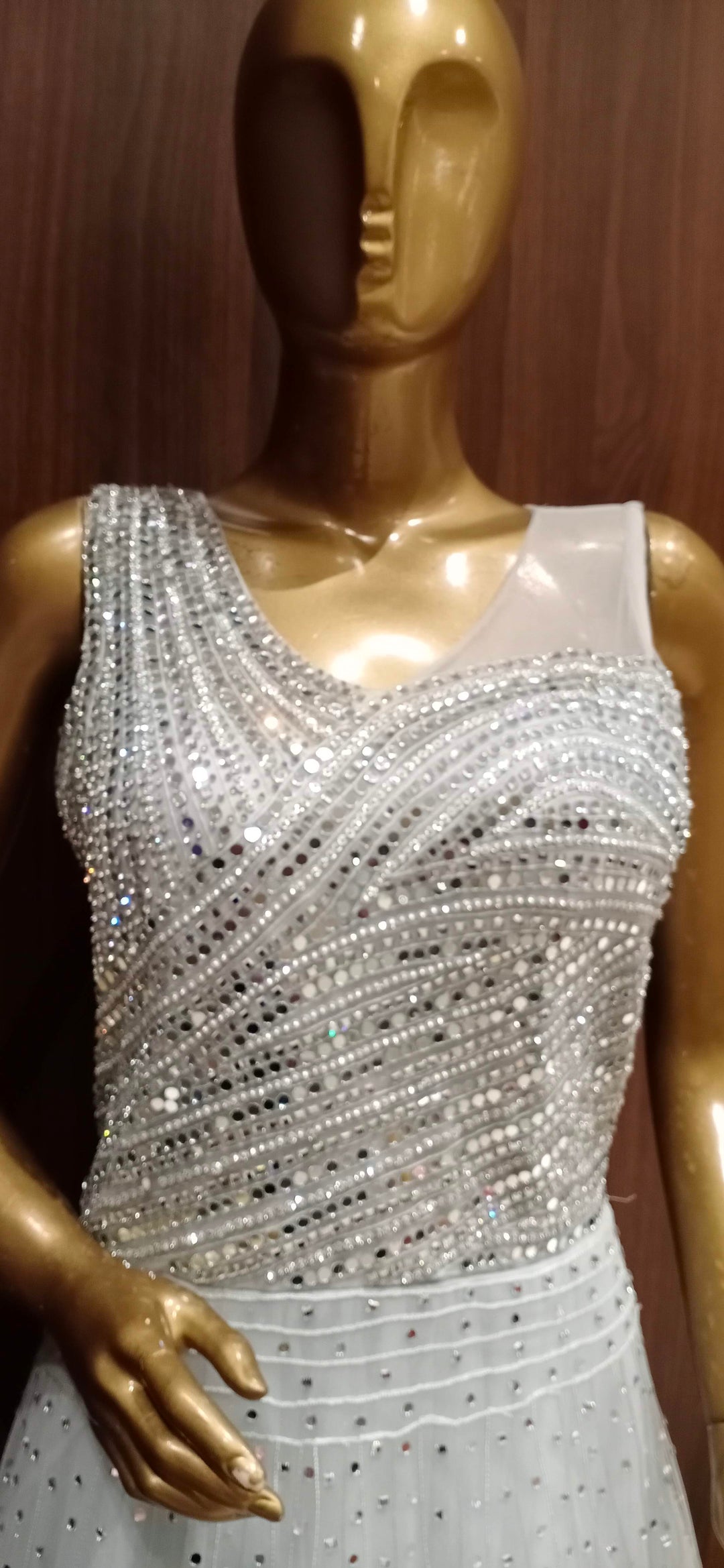 Grey Net Flared Gowns with Stylish Mirror Embellished