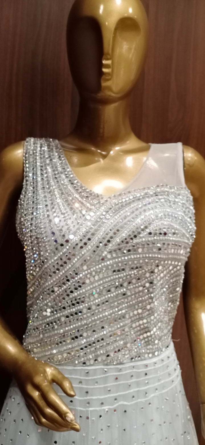 Grey Net Flared Gowns with Stylish Mirror Embellished