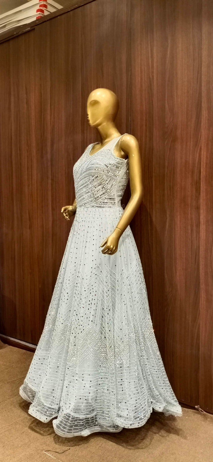 Grey Net Flared Gowns with Stylish Mirror Embellished