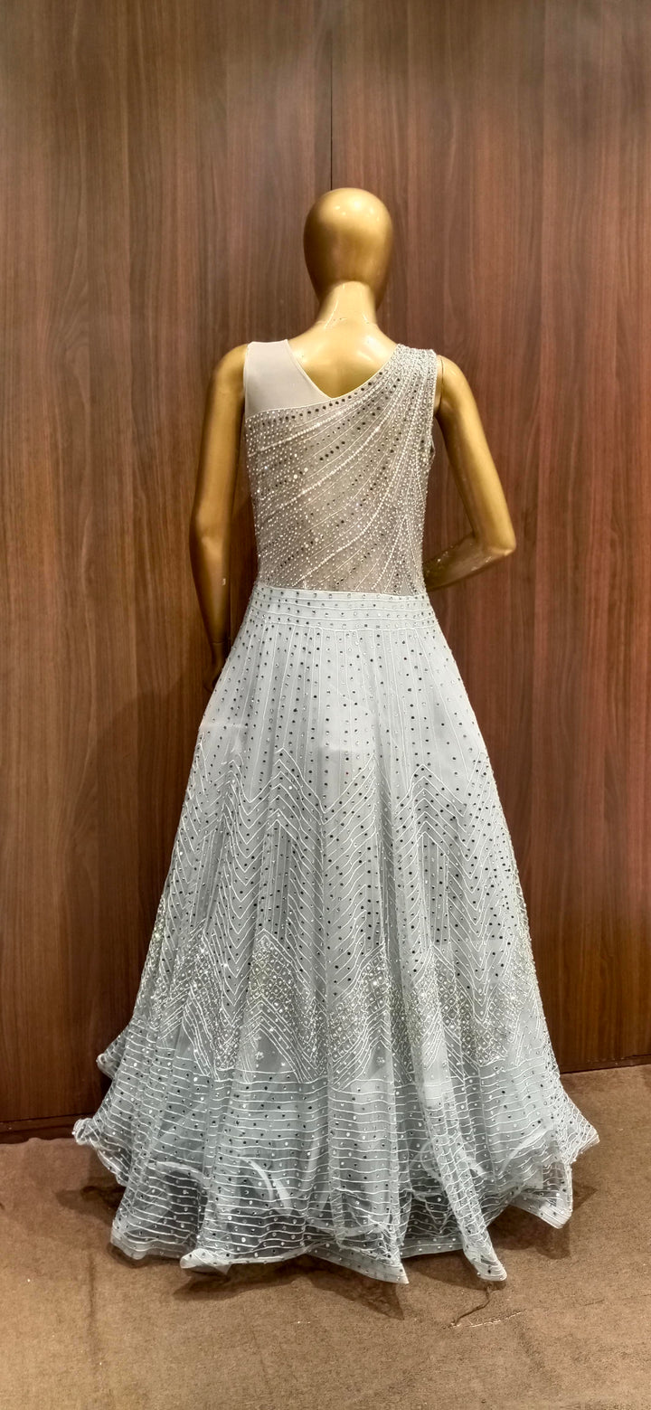 Grey Net Flared Gowns with Stylish Mirror Embellished