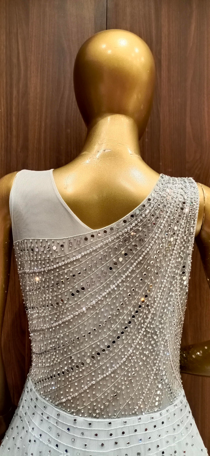 Grey Net Flared Gowns with Stylish Mirror Embellished