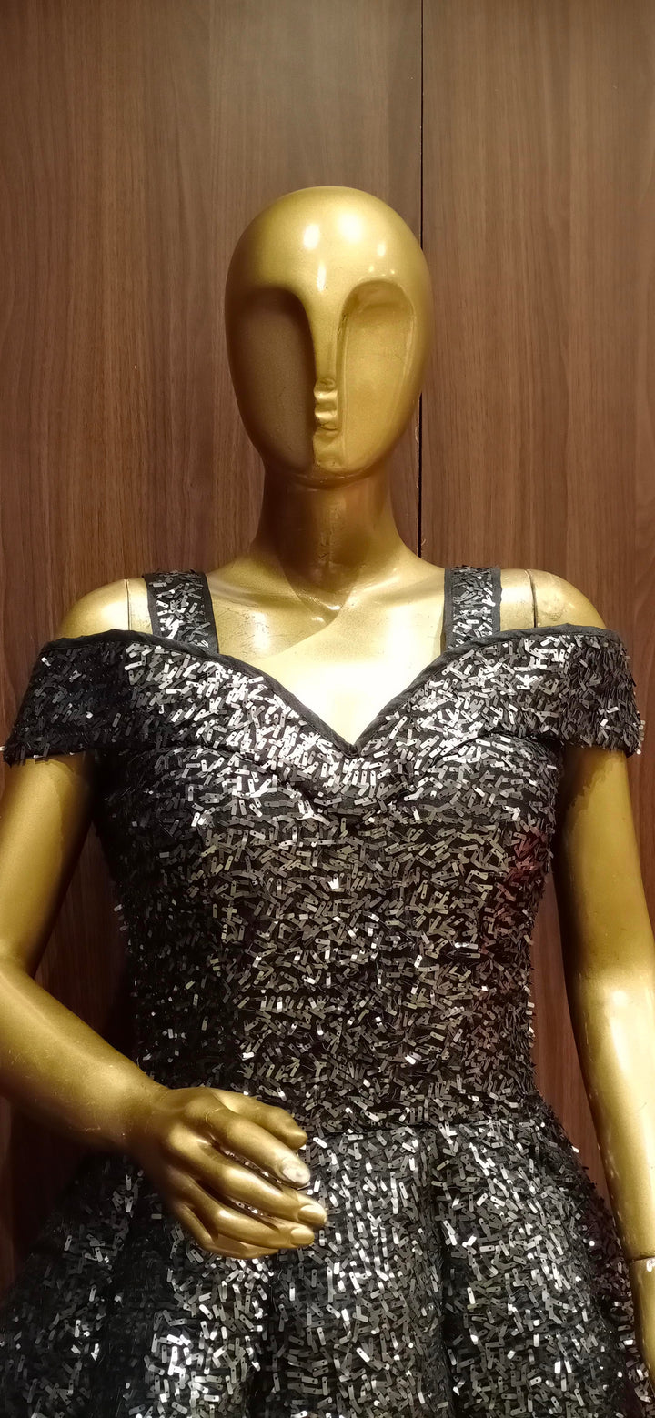 Black Off shoulder Barbie Style Cocktail Gown with Swarovski Work