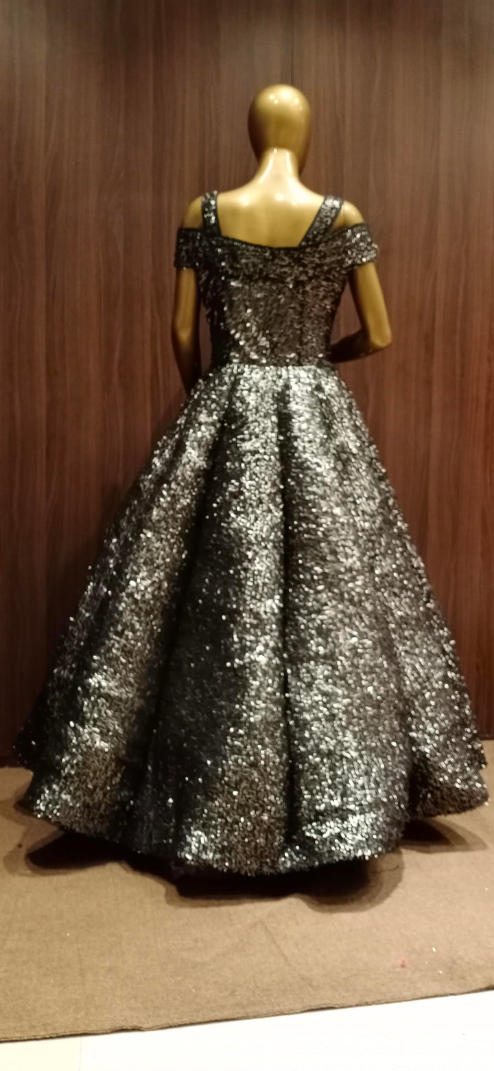 Black Off shoulder Barbie Style Cocktail Gown with Swarovski Work