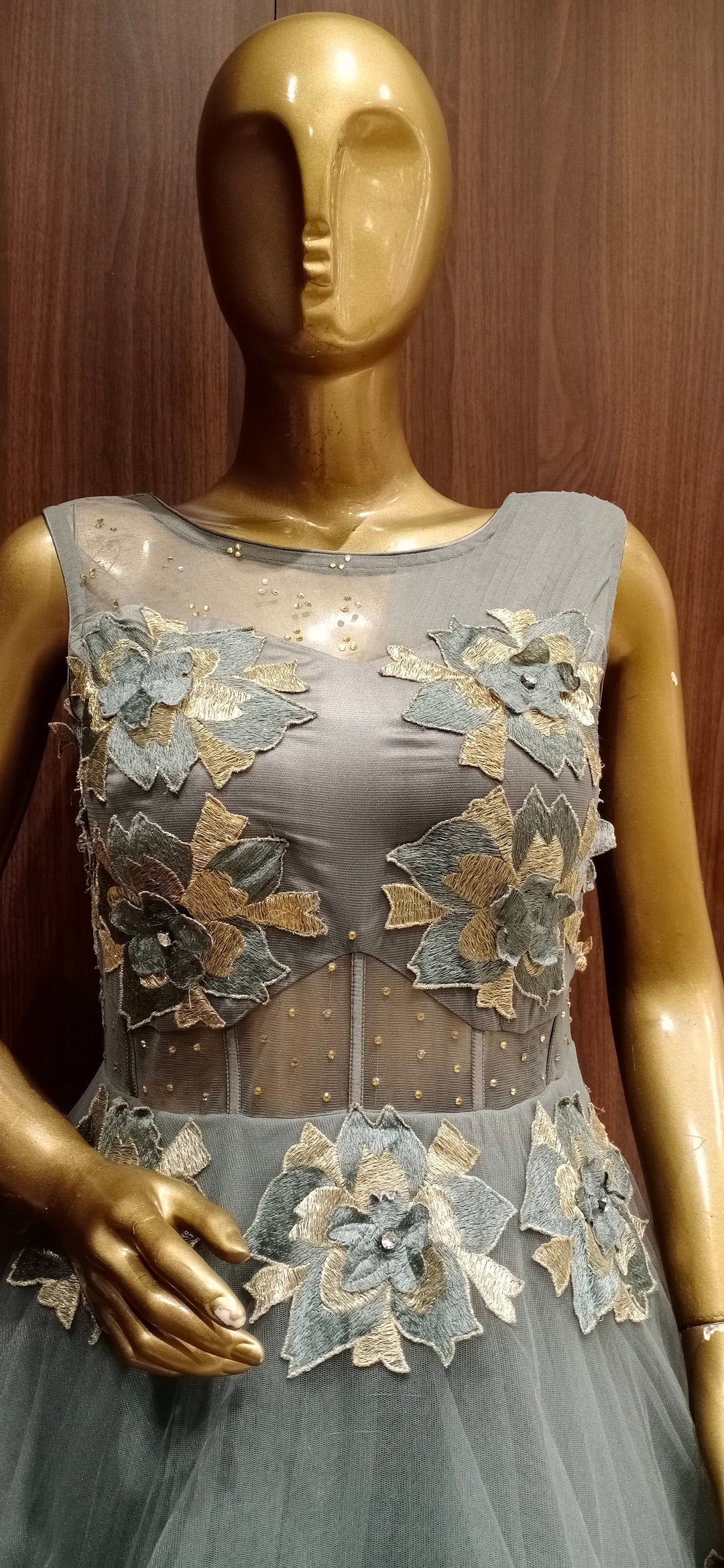 Grey Net Cocktail Heavy Flared Gown with Embellished Satin Embroidery