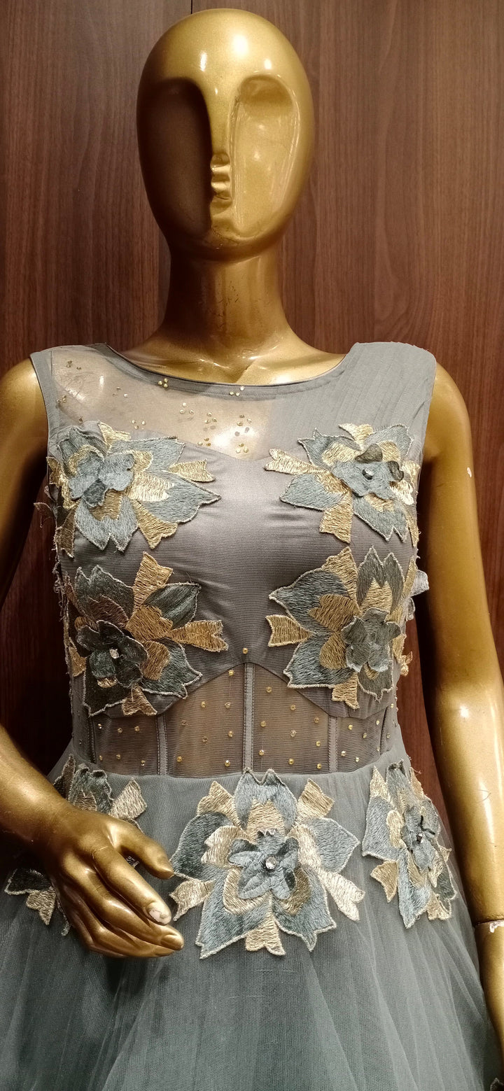 Grey Net Cocktail Heavy Flared Gown with Embellished Satin Embroidery