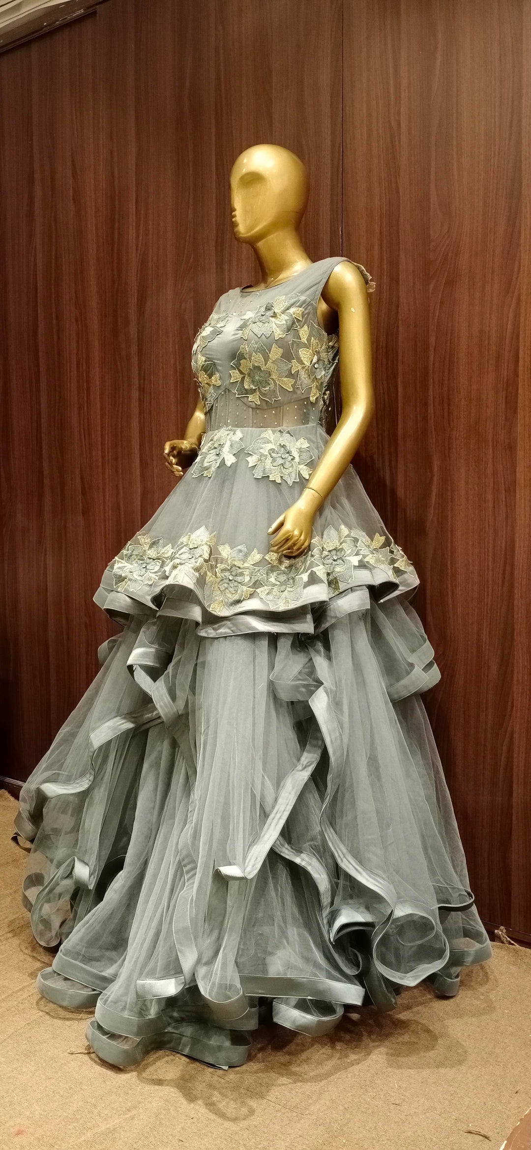 Grey Net Cocktail Heavy Flared Gown with Embellished Satin Embroidery