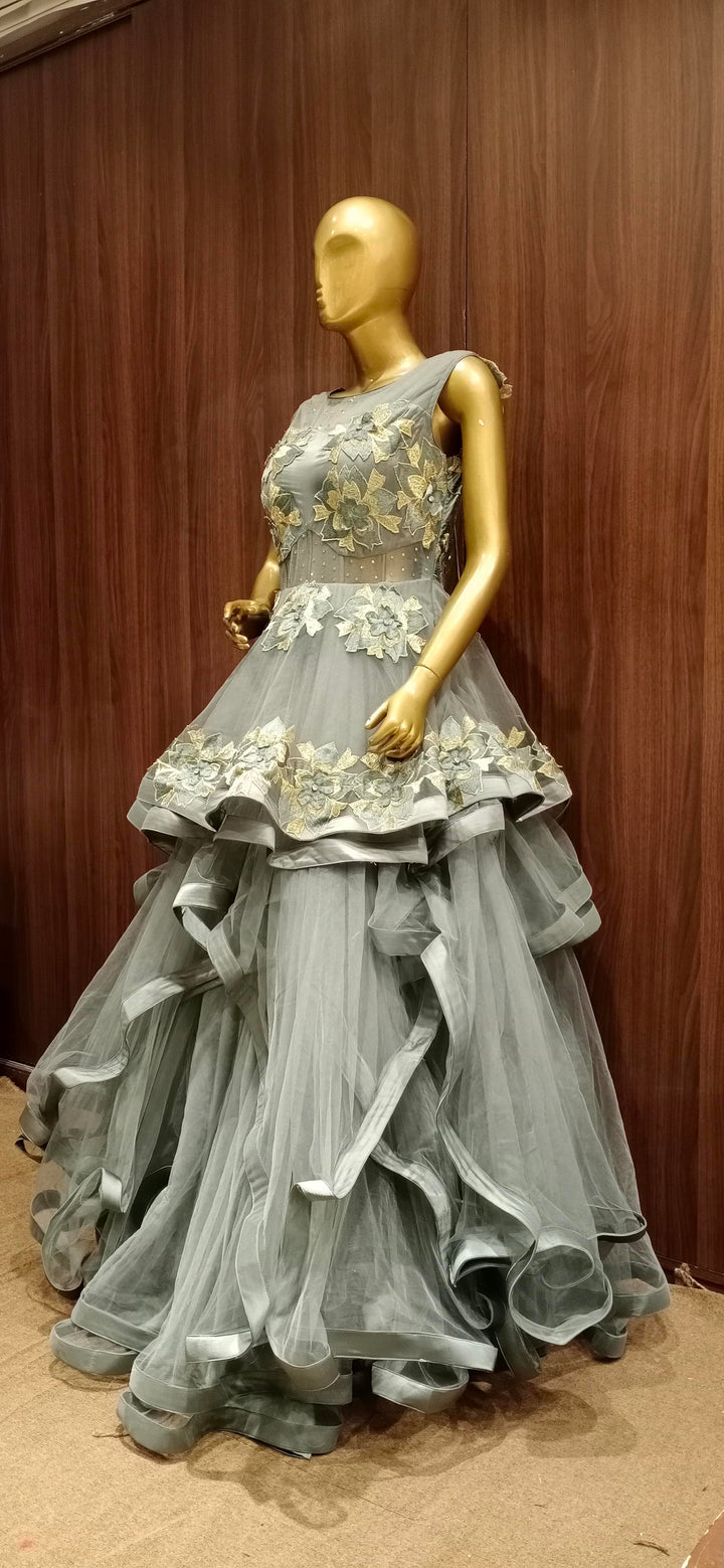 Grey Net Cocktail Heavy Flared Gown with Embellished Satin Embroidery