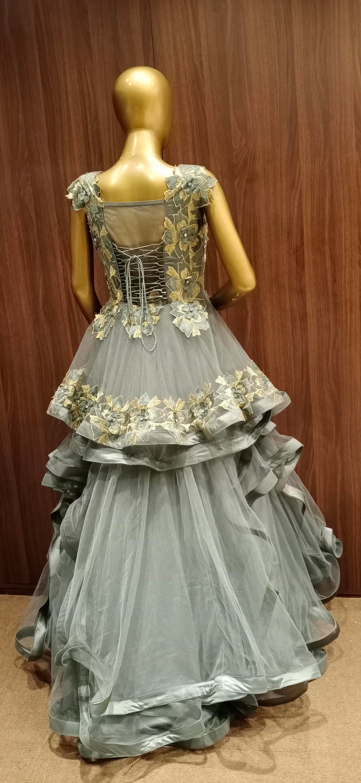 Grey Net Cocktail Heavy Flared Gown with Embellished Satin Embroidery