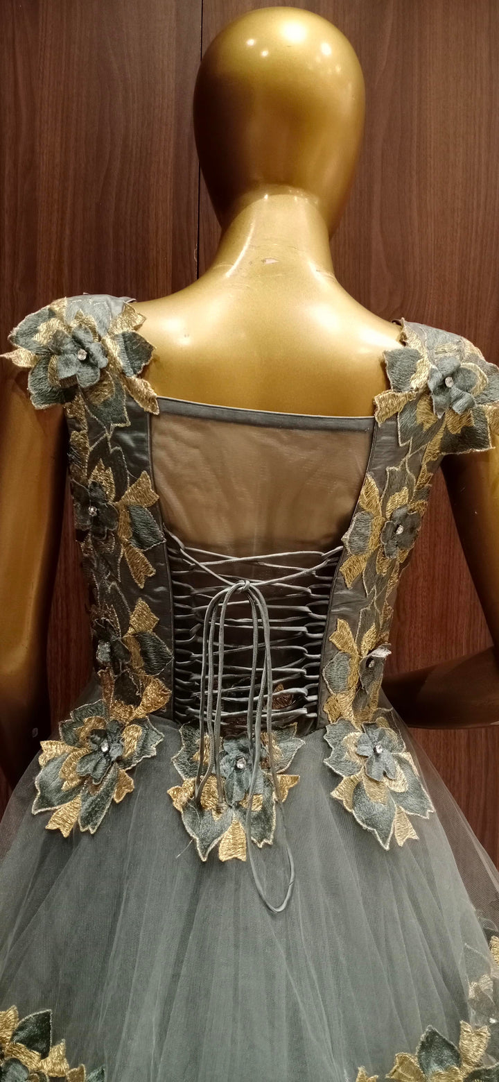 Grey Net Cocktail Heavy Flared Gown with Embellished Satin Embroidery