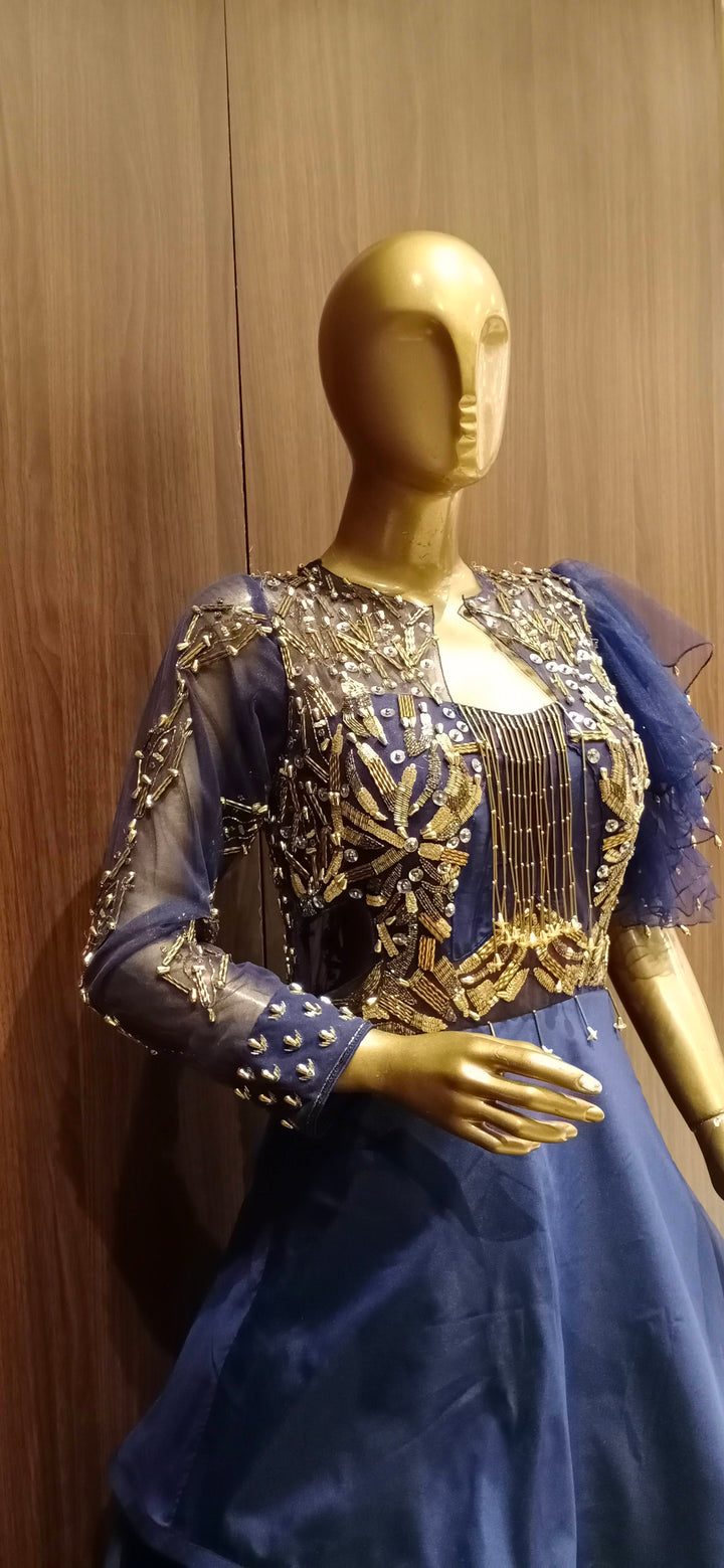 Blueviolet Raw Silk Barbie Syle Gown With Heavy Stylish Work
