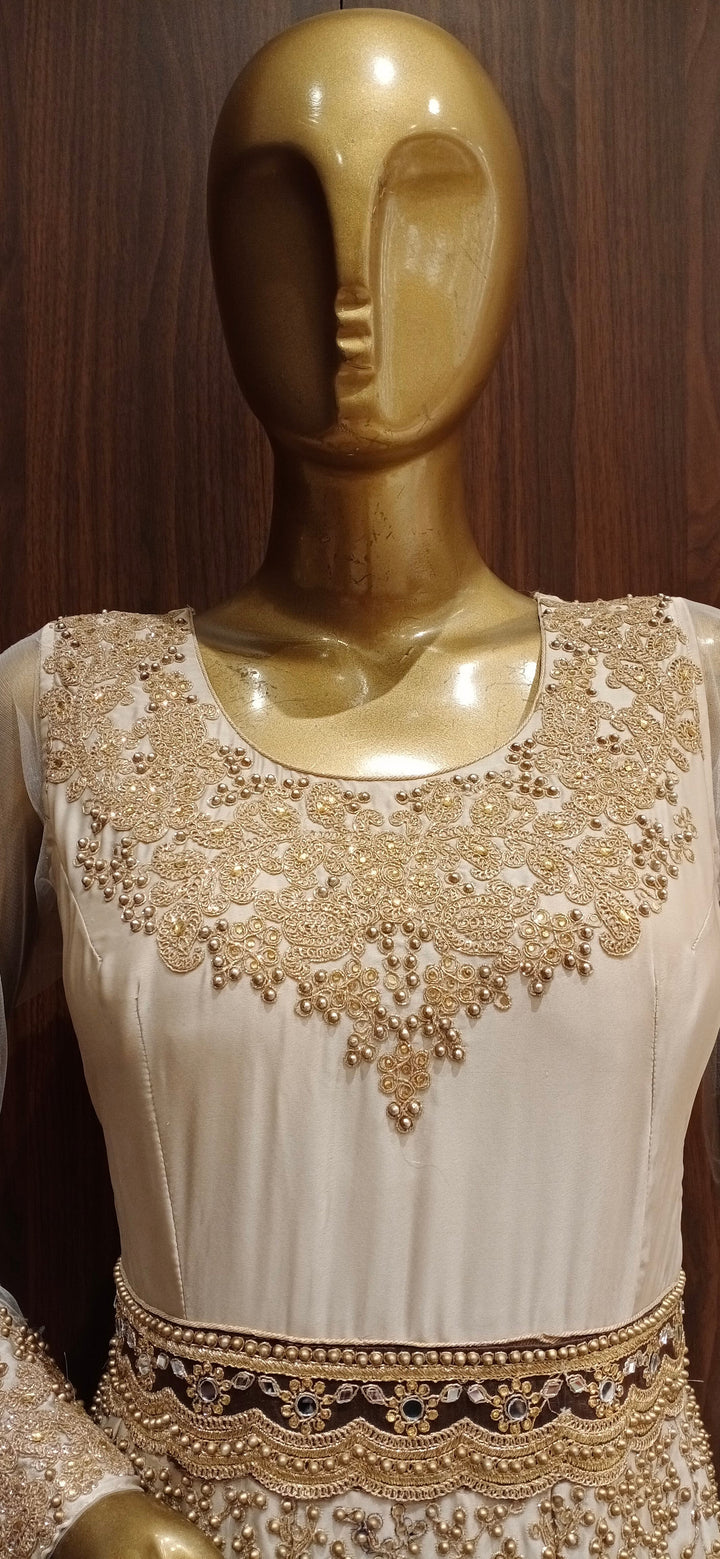 White Anarkali Cocktail Gown with Embellished Neckline