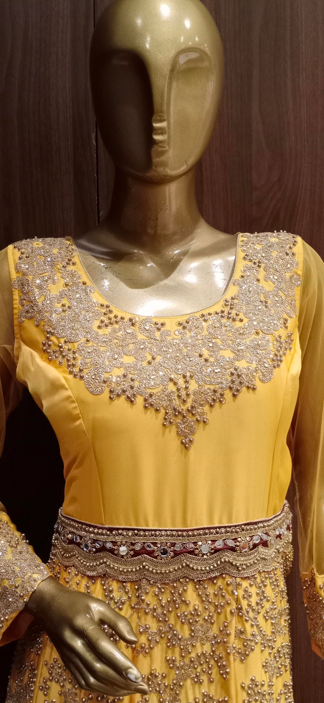 Mustard Anarkali Cocktail Gown with Embellished Neckline and Zardozi Embroidery