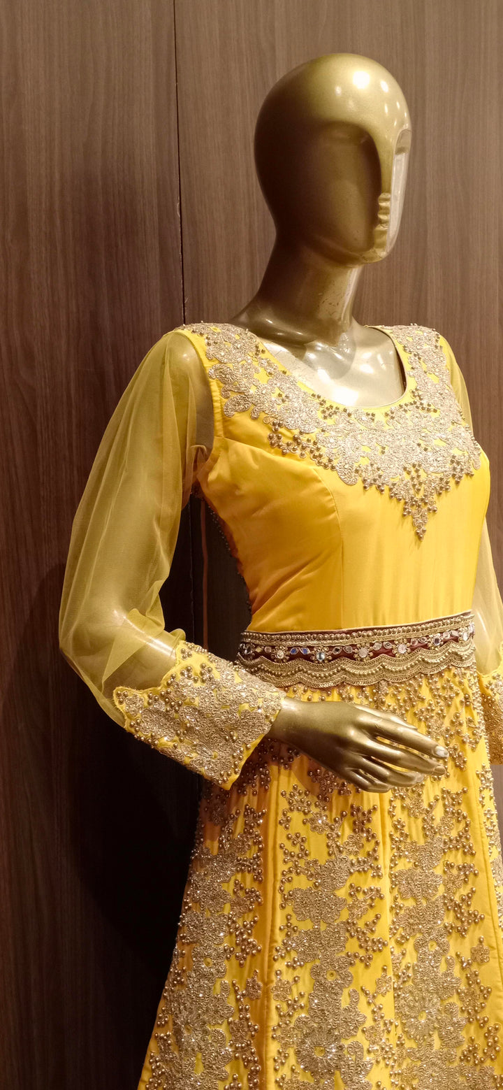 Mustard Anarkali Cocktail Gown with Embellished Neckline and Zardozi Embroidery