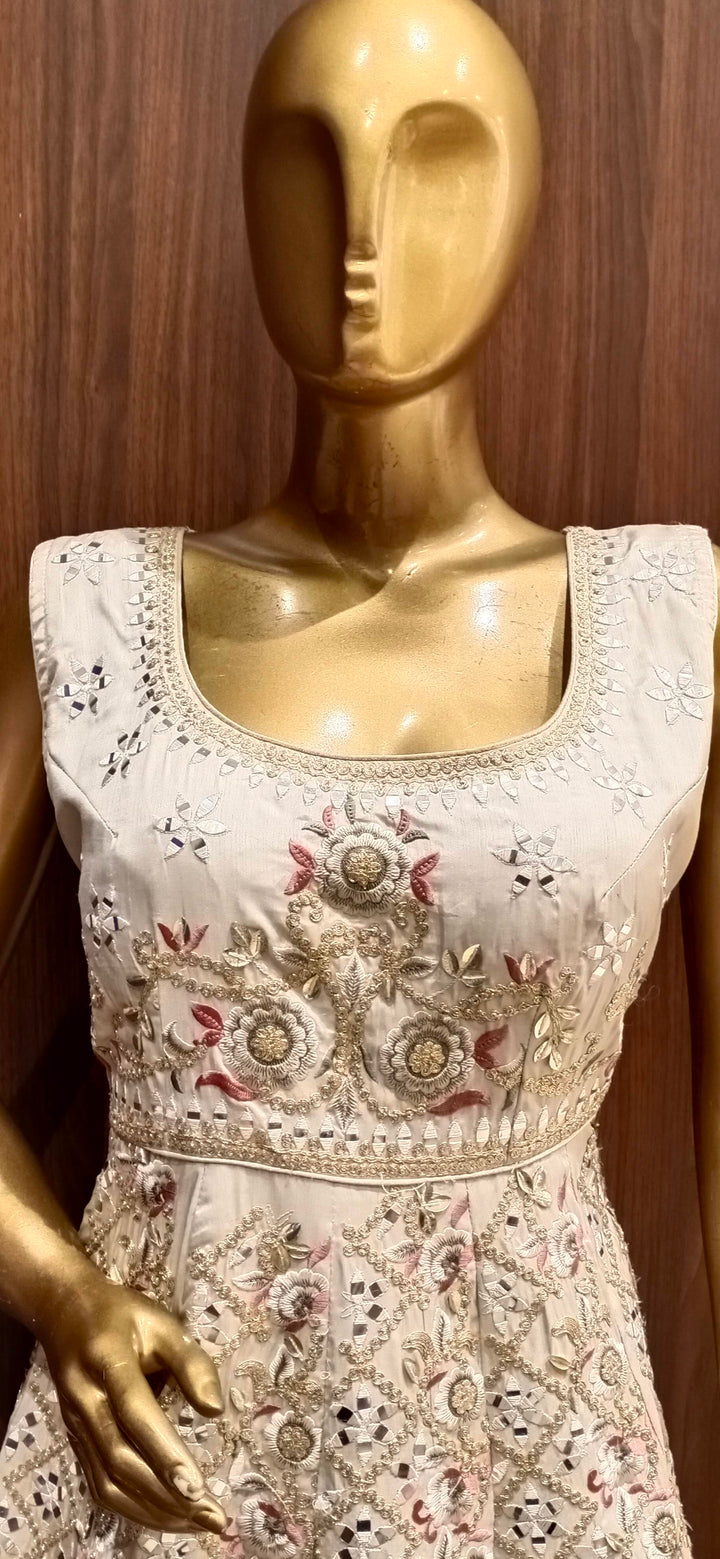 Of-White Anarkali Cocktail Gown with Embellished Neckline and Silk Embroidery